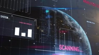 Dünya üzerinde tarama ve analiz ile finansal veri işleme animasyonu. Küresel işletme, dijital olarak oluşturulan imajı finanse eder. NASA tarafından sağlanan video ögeleri.