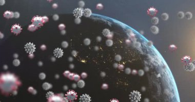 Arka planda Dünya 'nın üzerinde yüzen çoklu Covid 19 koronavirüs hücresinin animasyonu. Küresel koronavirüs salgını konsepti dijital olarak oluşturuldu. NASA tarafından sağlanan video ögeleri.