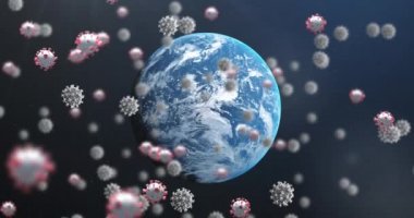 Arkadaki Dünya gezegenindeki koronavirüs hücrelerinin animasyonu. Global Covid 19 koronavirüs salgını konsepti dijital olarak oluşturuldu. NASA tarafından sağlanan video ögeleri.