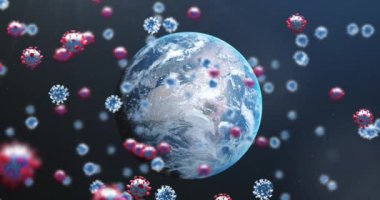 Arka planda Dünya 'nın üzerinde yüzen çoklu 3d Covid 19 koronavirüs hücresinin animasyonu. Küresel koronavirüs salgını konsepti dijital olarak oluşturuldu. NASA tarafından sağlanan video ögeleri.