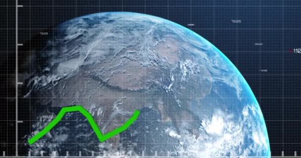 Animace Zpracování Finančních Údajů Statistik Zelenou Čárou Nad Planetou Země — Stock video