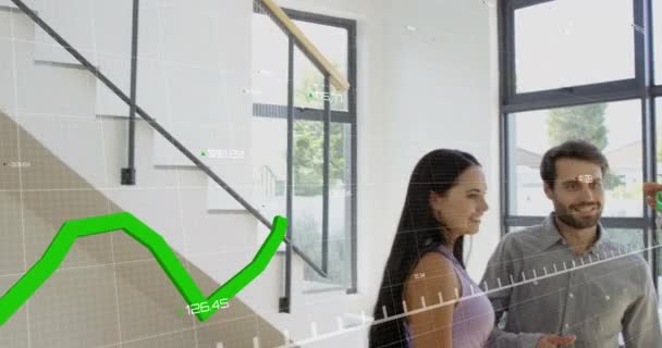 Animation Financial Data Green Line Happy Couple Getting Keys New — Stock Video