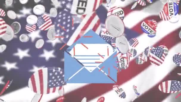 Animatie Van Stem Tekst Vliegende Badges Met Amerikaanse Vlag Envelop — Stockvideo