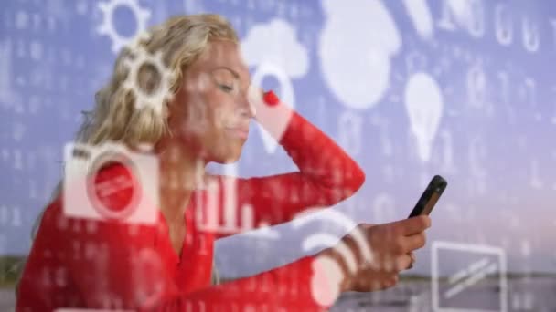 Animation Digital Icons Caucasian Woman Holiday Using Smartphone Background Global — Stock Video