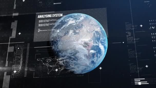 Animatie Van Financiële Gegevensverwerking Met Woorden Scanning Analyse Planeet Aarde — Stockvideo
