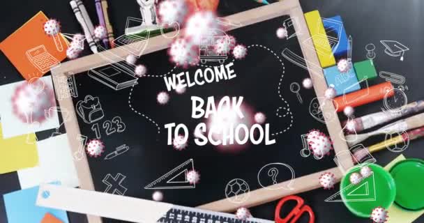 Анімація Сонячних Батарей Covid Обертаються Разом Welcome Back School Столом — стокове відео