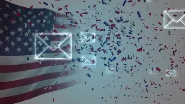 Animación Confeti Sobres Moviéndose Sobre Bandera Americana Ondeando Fondo Elecciones — Vídeo de stock