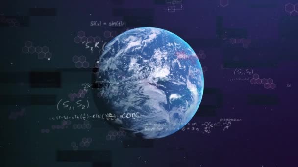 Animace Matematických Chemických Symbolů Zpracování Dat Celé Planetě Zemi Globální — Stock video