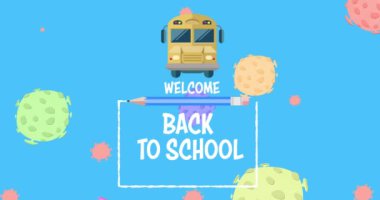 Coronavirus hücrelerinin yayıldığı beyaz çerçeveli okul mesajı ve okul otobüsünün animasyonu. Okula geri dönüş Coronavirus pandemik konsepti dijital olarak oluşturulmuş görüntü.