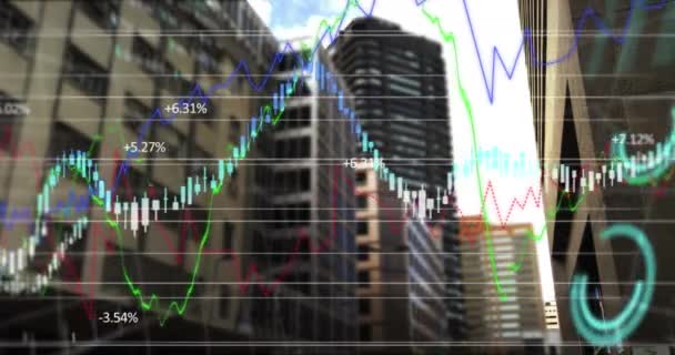 Animación Del Procesamiento Datos Financieros Con Líneas Azules Verdes Sobre — Vídeos de Stock
