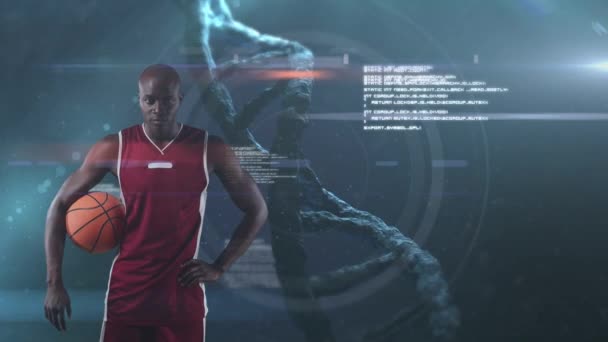 Erkek Basketbolcunun Veri Işleme Işıldayan Işık Dna Yapısının Mavi Arka — Stok video