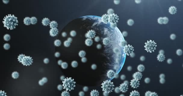 Arka Planda Dünya Nın Üzerinde Yüzen Çoklu Covid Koronavirüs Hücresinin — Stok video