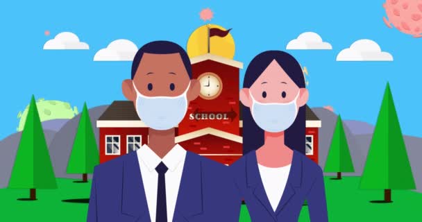 Animation Man Woman Wearing Face Masks Social Distancing Front School — Stock Video