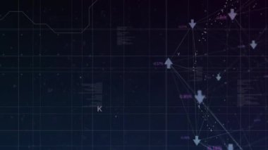 Okların dijital animasyonu, ızgara çizgileri üzerinde artan sayılarla ve siyah arkaplana karşı veri işlemesiyle. Küresel ağ oluşturma ve çevrimiçi güvenlik kavramı