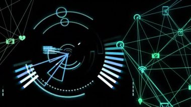 Siyah arkaplana karşı soyut şekiller ve veri işleme üzerine parlayan dijital simgelerin dijital animasyonu. Küresel ağ oluşturma ve çevrimiçi güvenlik kavramı