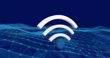 Mavi arkaplan üzerinde yüzen dijital WiFi simgesinin dijital animasyonu. Küresel ağ ve bağlantı kavramı