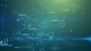 Matematiksel denklemlerin animasyonu arkaplandaki istatistiklerdeki verilerle bir bağlantı ağının üzerinde yüzüyor. Bilim, araştırma ve küresel ekonomi kavramı dijital olarak birleşik