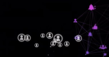 Siyah arkaplana karşı hareket eden çoklu dijital profil ikonu üzerinde dönen parlak mor dijital simgelerin Globe 'un dijital animasyonu. Küresel ağ ve bağlantı kavramı