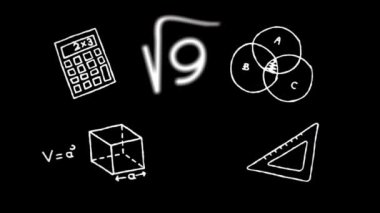 Matematiksel simgelerin dijital animasyonu ve siyah arkaplana karşı hareket eden denklemler. Eğitim ve okul kavramı