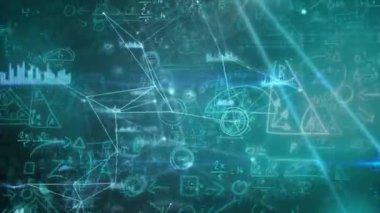 Arkadaki istatistiklerde veri ile bir bağlantı ağının üzerinde yüzen mavi matematiksel denklemlerin animasyonu. Bilim, araştırma ve küresel ekonomi kavramı dijital olarak birleşik