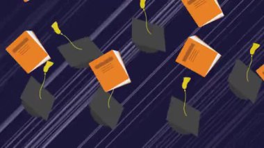 Birden fazla mezuniyet şapkası ve kitap ikonlarının soyut mavi arka plana düşüşünün dijital animasyonu. Eğitim ve okul kavramı