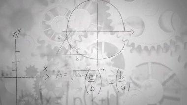 Beyaz dişlilerin üzerinde yüzen siyah matematiksel denklemlerin canlandırması arka planda dönüyor. Bilim, araştırma ve küresel ekonomi kavramı dijital olarak birleşik