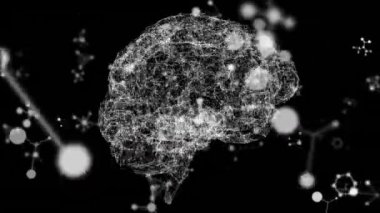 Çevirici bağlantılardan oluşan dijital beynin dijital animasyonu ve siyah arkaplana karşı moleküler yapılar. Tıbbi araştırma konsepti