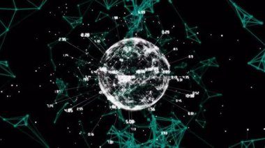 Sayılar dönen ve siyah arkaplan karşısında yeşil bağlantı ağı olan bağlantı ağının dijital animasyonu. Küresel ağ ve bağlantı kavramı