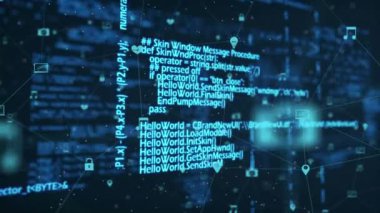 Siyah arkaplana karşı veri işleme üzerine bağlantı mavi simgelerinin dijital kompozit videosu. Küresel ağ oluşturma ve çevrimiçi güvenlik kavramı