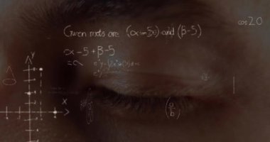 Kafkas erkeklerinin arka planında yüzen matematiksel denklemlerin animasyonu. Bilim, araştırma ve küresel ekonomi kavramı dijital olarak birleşik