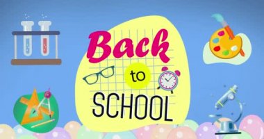 Kelimelerin animasyonu Okul Gözlüğü ve çalar saat, sanat, matematik ve bilim konusu ikonlar ve mavi arka planda balonlar. Okul eğitimi kavramına dijital olarak oluşturulan imaj.