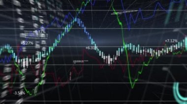 Finansal veri işlemesinin dijital animasyonu, siyah arkaplana karşı ızgara çizgileri üzerinden. Küresel ekonomi ve finans kavramı