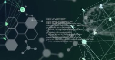 Dijital tıbbi simgelerin ve moleküler yapıların dijital animasyonu veri işleme ve dijital insan beyninin siyah arkaplan karşısında. Tıbbi araştırma bilgisayar arayüzü kavramı