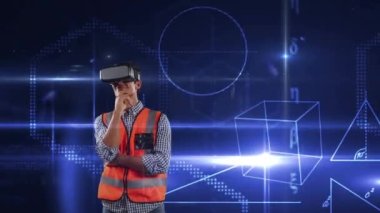 Kafkas erkek inşaat işçisinin üzerinde vr Google kullanarak yüzen matematiksel denklemlerin ve şekillerin animasyonu. Bilim, araştırma ve küresel ekonomi kavramı dijital olarak birleşik