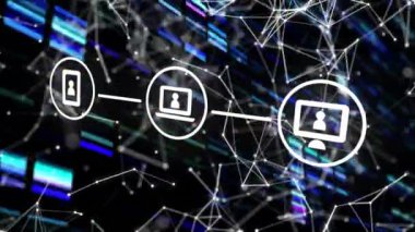 Dijital simge ağının dijital animasyonu, siyah arkaplana karşı bağlantı ağının üzerinde. Küresel ağ ve bağlantı kavramı