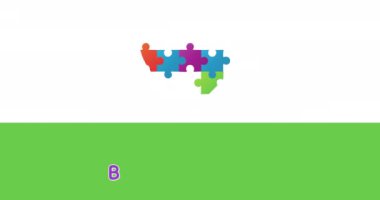 Bir kalp oluşturan Jigsaw 'un dijital animasyonu ve yeşil pankartta beyaz arka plana karşı yazılan metne inan. Otizm Farkındalığı konsepti.