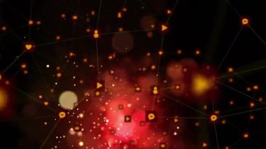 Bağlantılar Ağı 'nın dijital animasyonu siyah arkaplana doğru hareket eden birden fazla kırmızı ışık noktasının üzerine simgedir. Küresel ağ ve bağlantı kavramı