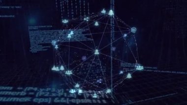 Mavi arka planda veri işleme üzerine parlayan mavi dijital simgelerin Globe dijital animasyonu. Küresel ağ oluşturma ve çevrimiçi güvenlik kavramı