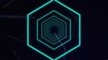 Dijital simgelerden oluşan Ağ üzerinden siyah arkaplana doğru hareket eden birden fazla altıgenin dijital animasyonu. Küresel ağ ve bağlantı kavramı