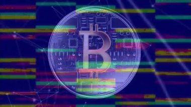 Bitcoin sembolünün dijital animasyonu soyut arka plandaki bağlantılar ağı üzerinden. Küresel finansman ve Küresel ağ kavramı