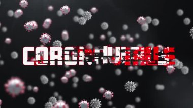 Siyah arkaplana karşı hareket eden Covid-19 hücrelerinin üzerindeki Coronavirus metninin dijital animasyonu. Covid 19 tıbbi araştırma arayüzü kavramı