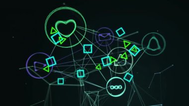 Dijital simgelerden oluşan Ağ 'ın dijital animasyonu ve siyah arkaplana karşı bağlantı ağı. Küresel ağ ve bağlantı kavramı