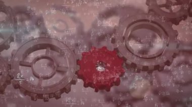 Arka planda dönen kırmızı dişlilerin üzerinde yüzen matematiksel denklemlerin animasyonu. Bilim, araştırma ve küresel ekonomi kavramı dijital olarak birleşik