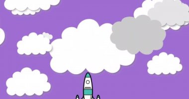 Mor arka planda birden fazla bulut simgesi üzerinde uçan Roket ikonunun dijital animasyonu. Eğitim ve okul kavramı