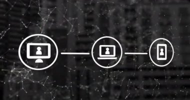 Dijital simge Ağı 'nın şehir manzarasına karşı bağlantı ağı üzerinden dijital animasyonu. Küresel ağ ve bağlantı kavramı