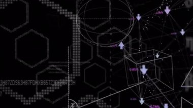 Artan sayılar ve veri işleme ile Globe 'un dijital kompozit videosu siyah arkaplan üzerinde hareket ediyor. Küresel ağ ve bağlantı kavramı
