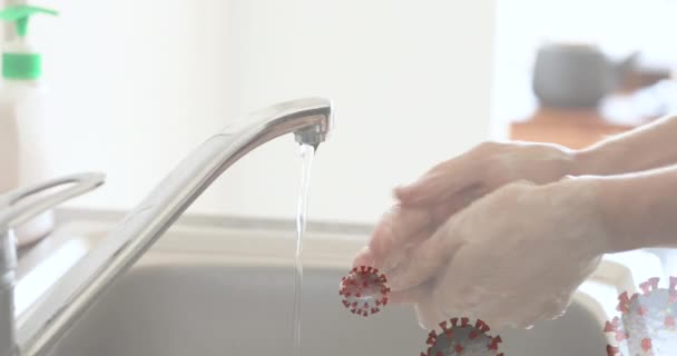 Animation Macro Coronavirus Cells Spreading Mid Section Person Carefully Washing — Stock Video