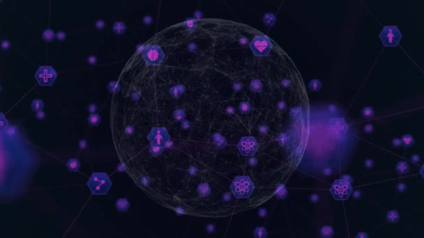 네트워크의 디지털 애니메이션은 배경에 네트워크로 만들어 글로브 위에서 보라색 아이콘을 — 비디오