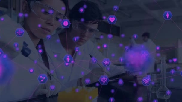 Цифровая Комедия Сеть Связей Фиолетовых Против Ученых Мужчин Женщин Работающих — стоковое видео