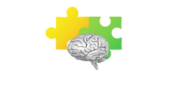 ジグソーパズルの上に回転するデジタル脳のデジタルアニメーションが白い背景に正方形を形成します 自閉症意識の概念 — ストック動画